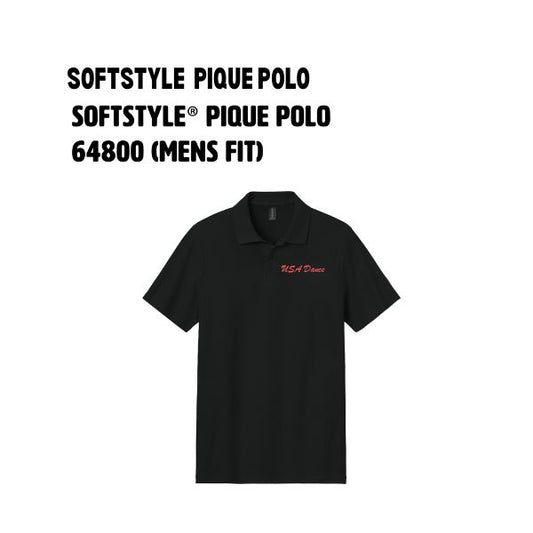 5. SOFTSTYLE® Pique Polo (Mens Fit) Black and white USA DANCE logo