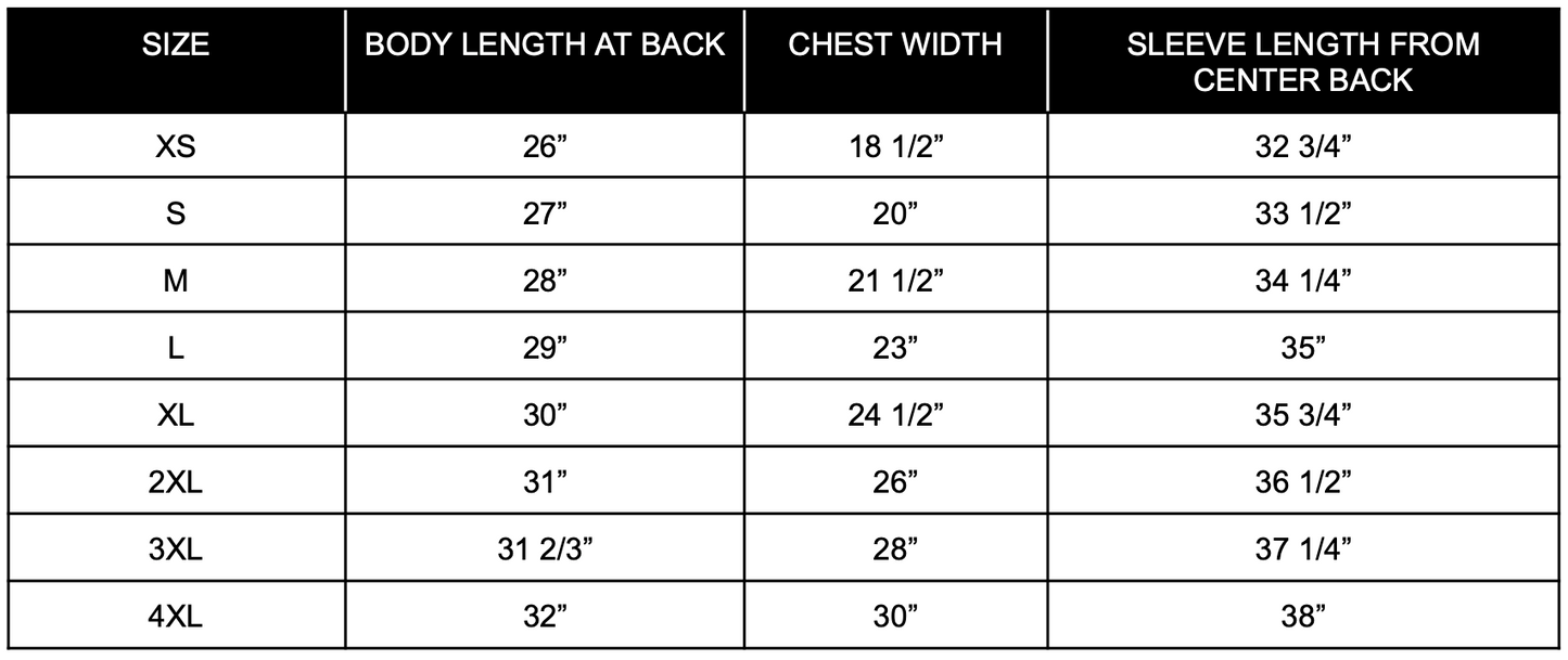 Size chart for clothing with measurements in inches