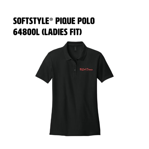 6. SOFTSTYLE® Pique Polo (Ladies Fit) with Black and white USA DANCE round logo