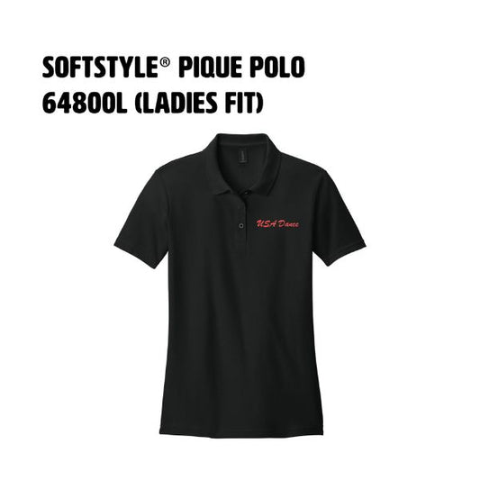 6. SOFTSTYLE® Pique Polo (Ladies Fit) with Black and white USA DANCE round logo