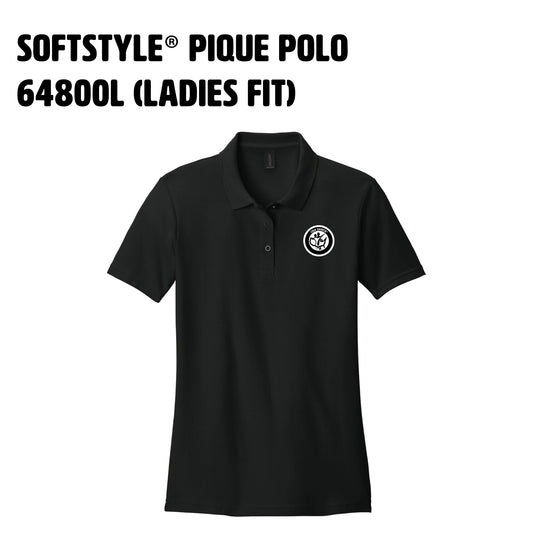 6. SOFTSTYLE® Pique Polo (Ladies Fit) with Black and white USA DANCE round logo