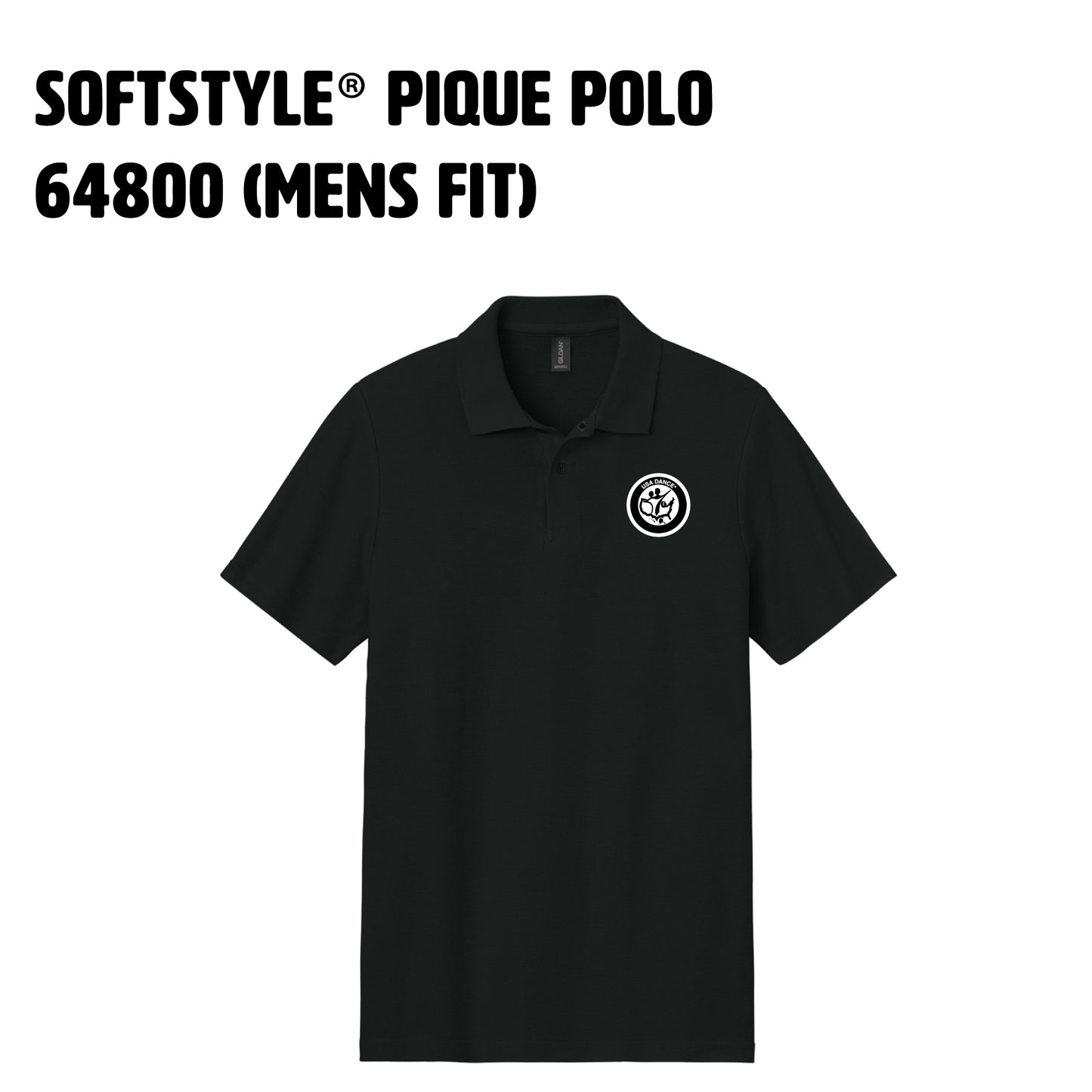 5. SOFTSTYLE® Pique Polo (Mens Fit) Black and white USA DANCE logo