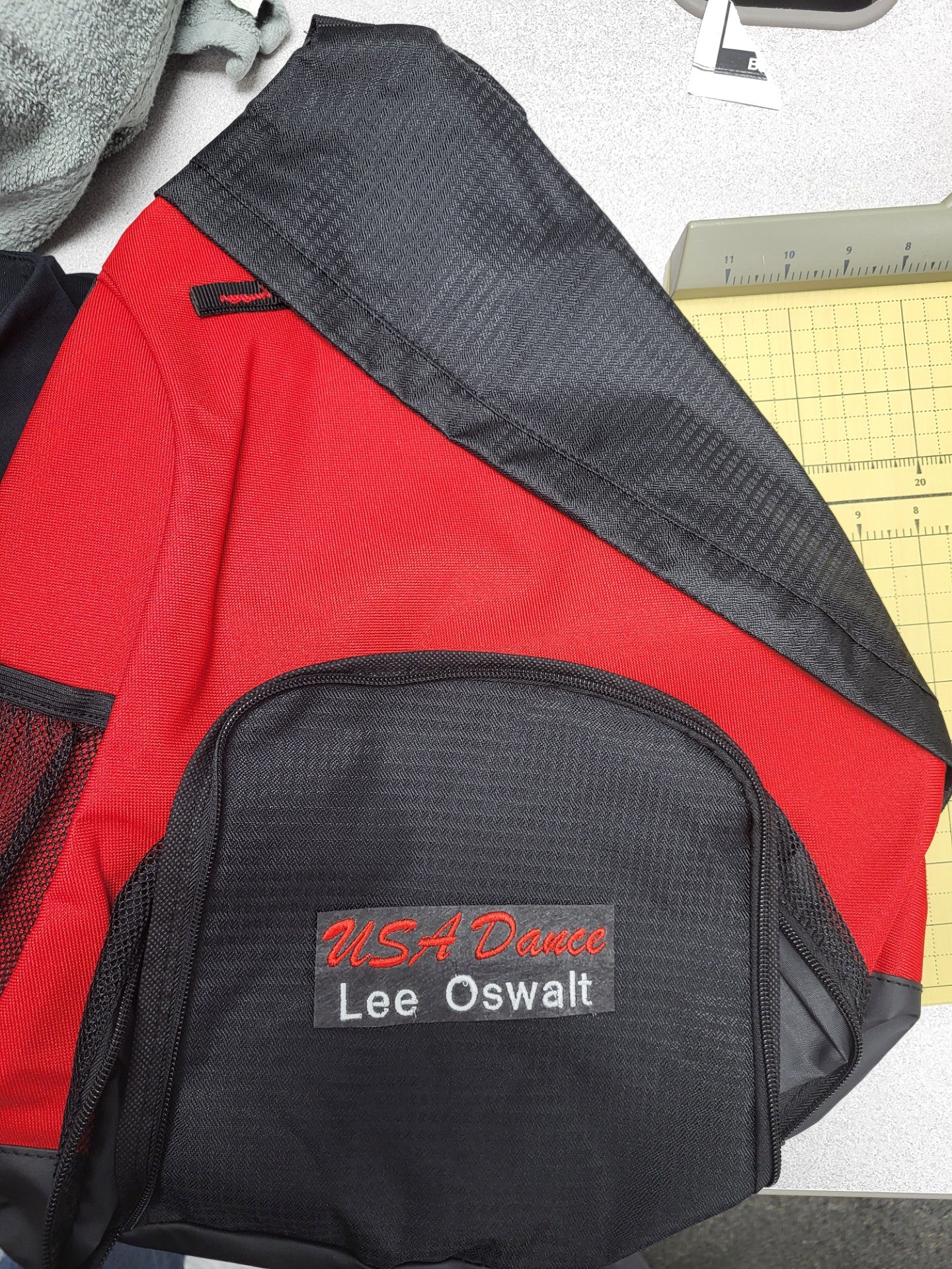 8. Black and Red Shoe Bag / Sling Pack with Red script logo with personalization